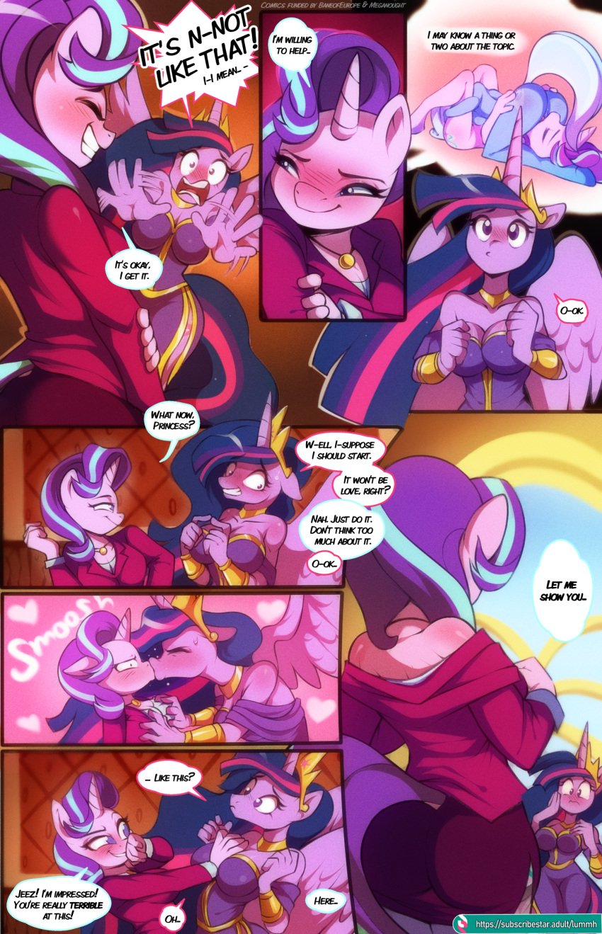 2023 alicorn anthro blush breasts chilllum clothed clothing collaboration comic dialogue digital_media_(artwork) duo english_text equid equine feathered_wings feathers female female/female friendship_is_magic fur hair hasbro hi_res horn magic mammal multicolored_hair my_little_pony princess_twilight_sparkle_(mlp) purple_body purple_fur purple_hair queen_twilight_sparkle_(mlp) shaded signature speech_bubble starlight_glimmer text trixie_(mlp) twiglimmer twilight_sparkle_(mlp) two_tone_hair undressing unicorn wildblur wings