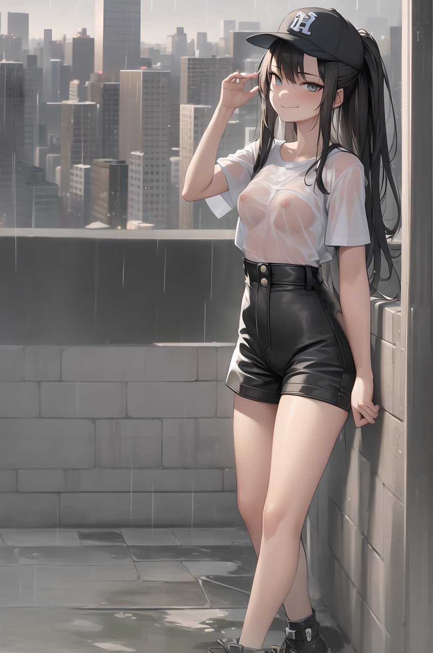 1girls ai_generated baseball_cap black_hair blue_eyes breasts city city_background female long_hair looking_at_viewer mosfgame nipples outdoors shirt shorts smirk t-shirt wet wet_clothes wet_t-shirt white_t-shirt