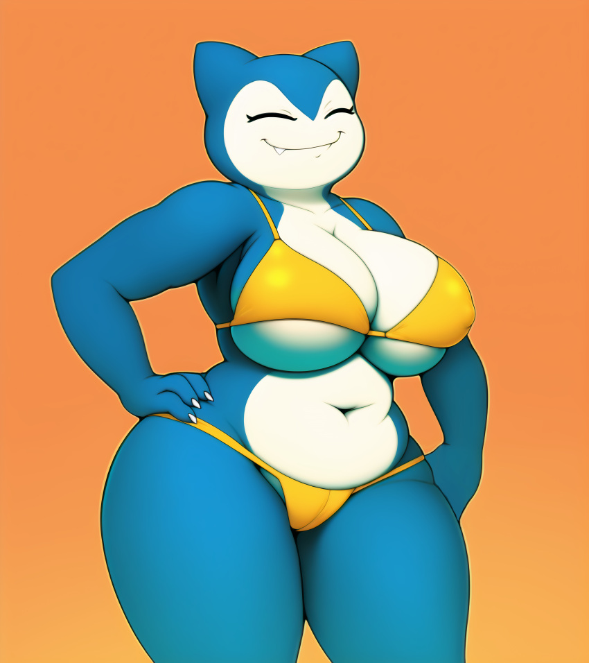 1girls ai_generated anthro anthrofied bikini bikini_bottom bikini_top chubby chubby_female closed_eyes female female_focus female_only female_pokemon female_snorlax game_freak green_skin nai_diffusion nintendo no_nose orange_bikini pokémon_(species) pokemon smiling smiling_at_viewer snorlax stable_diffusion tagme thick_thighs wide_hips