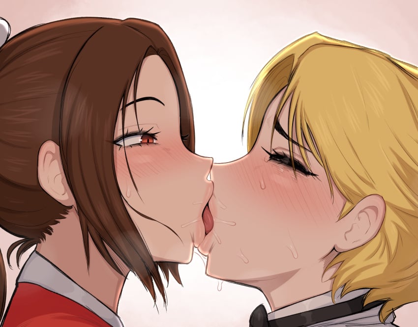 2girls afrobull blonde_hair blush brown_hair closed_eyes fatal_fury female female_only french_kiss king_(snk) king_of_fighters kissing lesbian_kiss mai_shiranui multiple_girls open_eyes simple_background snk yuri