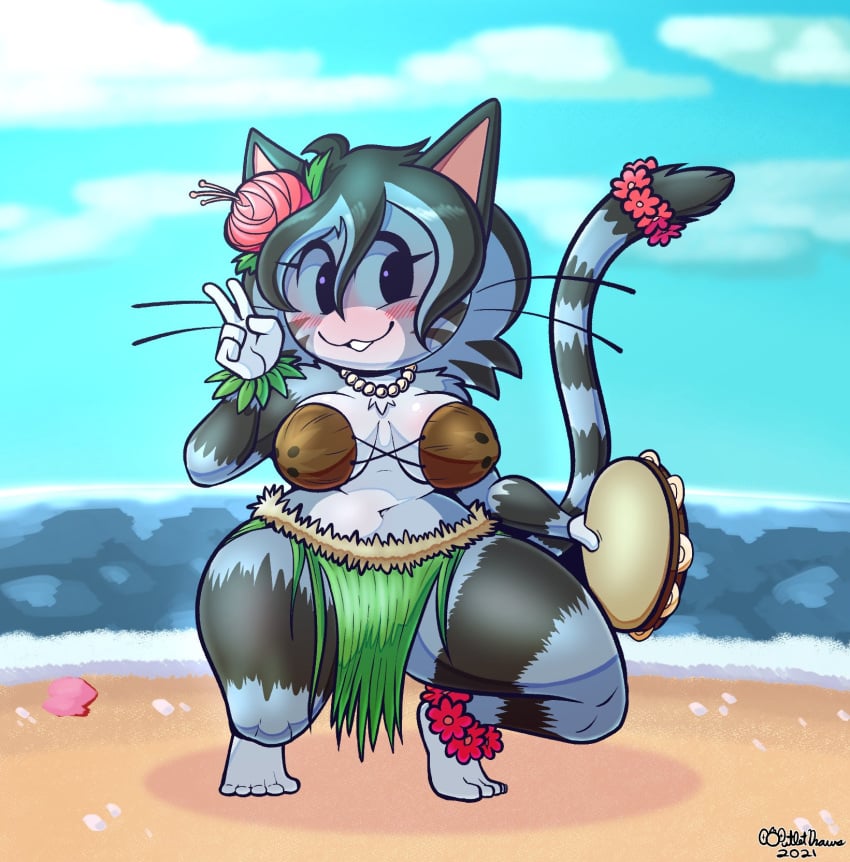 :3 animal_crossing anthro big_breasts blush breasts clothing coconut_bra female fur furry furry_only grass_skirt hi_res iamaneagle_(artist) lolly_(animal_crossing) nintendo outletdraws solo tail thick_thighs