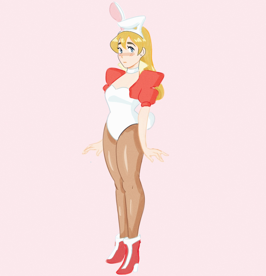 1girls 2020 2020s adora blonde_female blonde_hair blue_eyes blush bunny_ears bunny_girl bunny_tail bunnysuit choker embarrassed female female_only hi_res high_heels jacket light-skinned_female light_skin long_hair looking_at_viewer pantyhose pink_background presenting red_heels red_high_heels red_jacket she-ra_and_the_princesses_of_power shy simple_background solo solo_female spospiteful thick_thighs thin_waist two-tone_high_heels white_bunny_ears white_bunnysuit white_choker white_heels white_high_heels