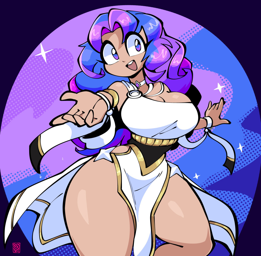 breasts cleavage commission dancing dress eyebrows_visible_through_hair jek_korpen purple_eyes purple_hair smile tagme tagme_(character) thick_thighs