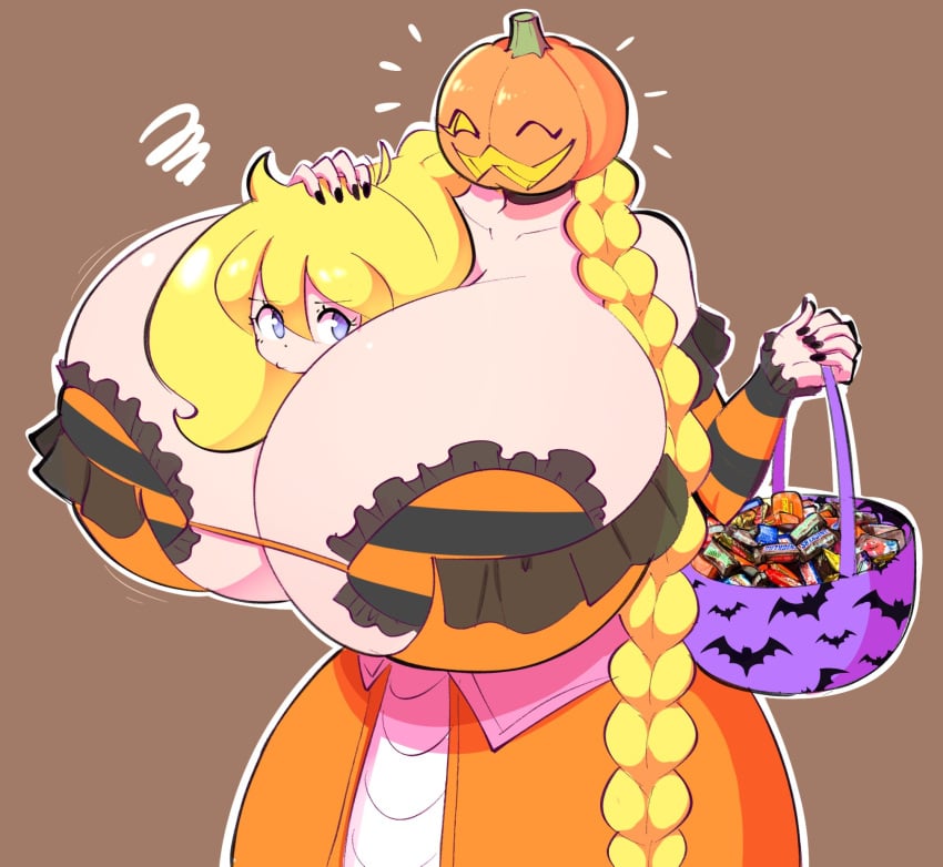 candy cassie_(theycallhimcake) female gigantic_breasts halloween head_on_breasts headswap holding_bag long_braid orange_dress pumpkin pumpkin_head stolen_body theycallhimcake