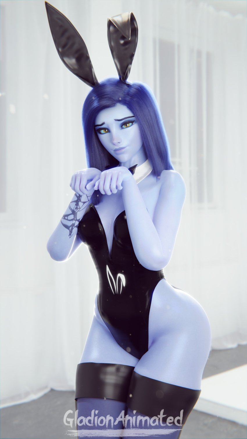 1girls 2023 3d 3d_(artwork) amelie_lacroix ass blender blender_(software) blizzard_entertainment blue_hair blue_skin bowtie bunny_club bunny_costume bunny_ears bunny_girl bunnysuit collar eye_contact eyebrows female female_focus female_only fit_female gladionanimated hand_gesture looking_at_viewer overwatch overwatch_2 posing seductive smile smiling smiling_at_viewer smirk solo standing stockings straight_hair thick_thighs thighhighs tight_clothes tight_clothing widowmaker yellow_eyes