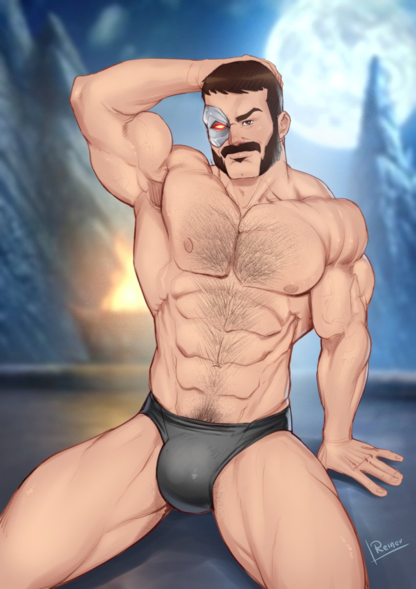 balls bara bulge chest_hair cybernetic_eye facial_hair flaccid hand_behind_head kano_(mortal_kombat) male male_only mortal_kombat muscles muscular mutton_chops penis reiner55 sideburns solo solo_male spread_legs underwear