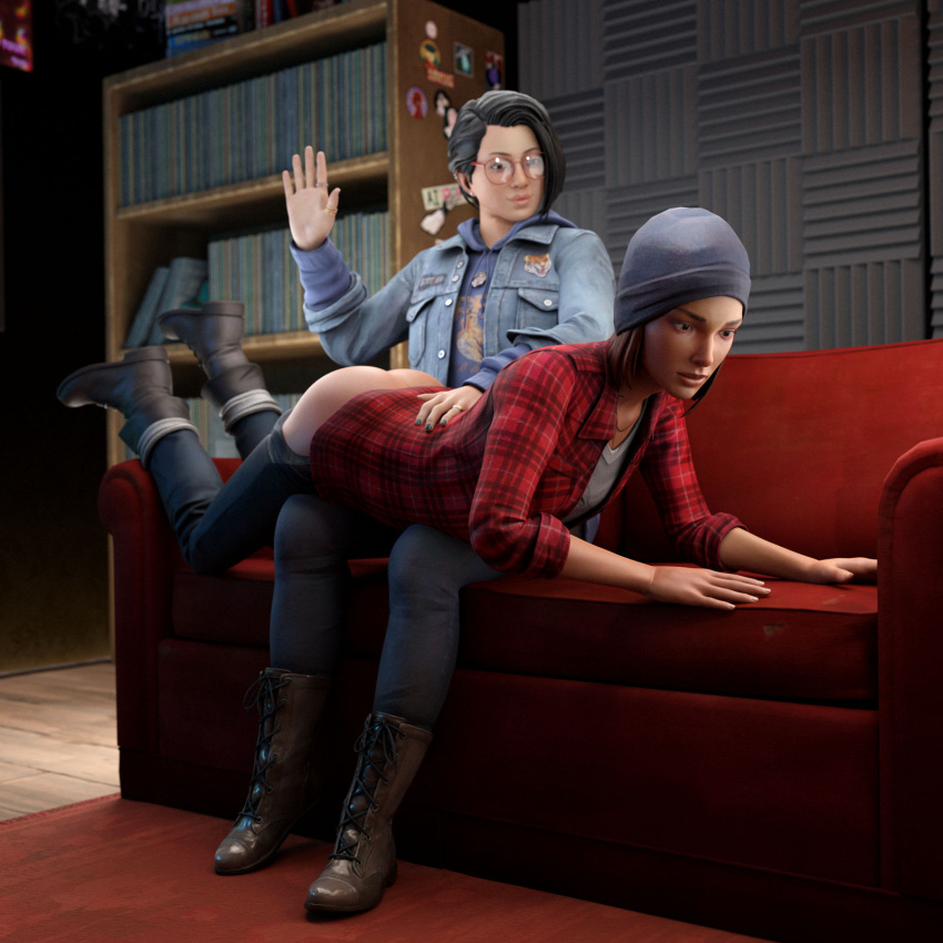 2girls 3d alex_chen asian ass bare_ass beanie black_hair bondage bookshelf boots brown_hair couple denim denim_jacket dominant dominant_female domination exposed_ass eyebrows female female_only flannel fully_clothed glasses hand_up hoodie indoors jacket jeans jeans_down kinkblink lesbian_couple life_is_strange life_is_strange:_true_colors lips looking_at_another looking_forward nerdy_female over_the_knee over_the_knee_spanking pants pants_down punk_girl sitting sofa spanking spanking_ass spanking_butt steph_gingrich submission submissive submissive_female white_shirt yuri