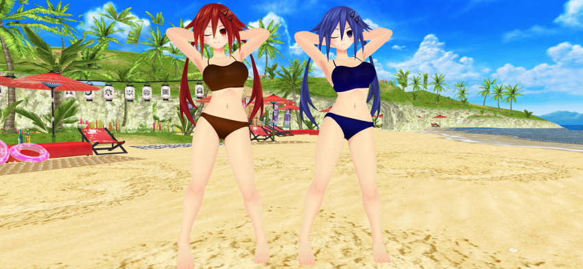 2girls 3d armpits arms_behind_head beach big_breasts bikini blue_hair busty cleavage female female_only hi_res kurome_ankokuboshi large_breasts legs long_hair looking_at_viewer low_twintails navel neptunia_(series) ocean one_eye_closed pose posing red_hair sensual smile thighs uzume_tennouboshi voluptuous water wink