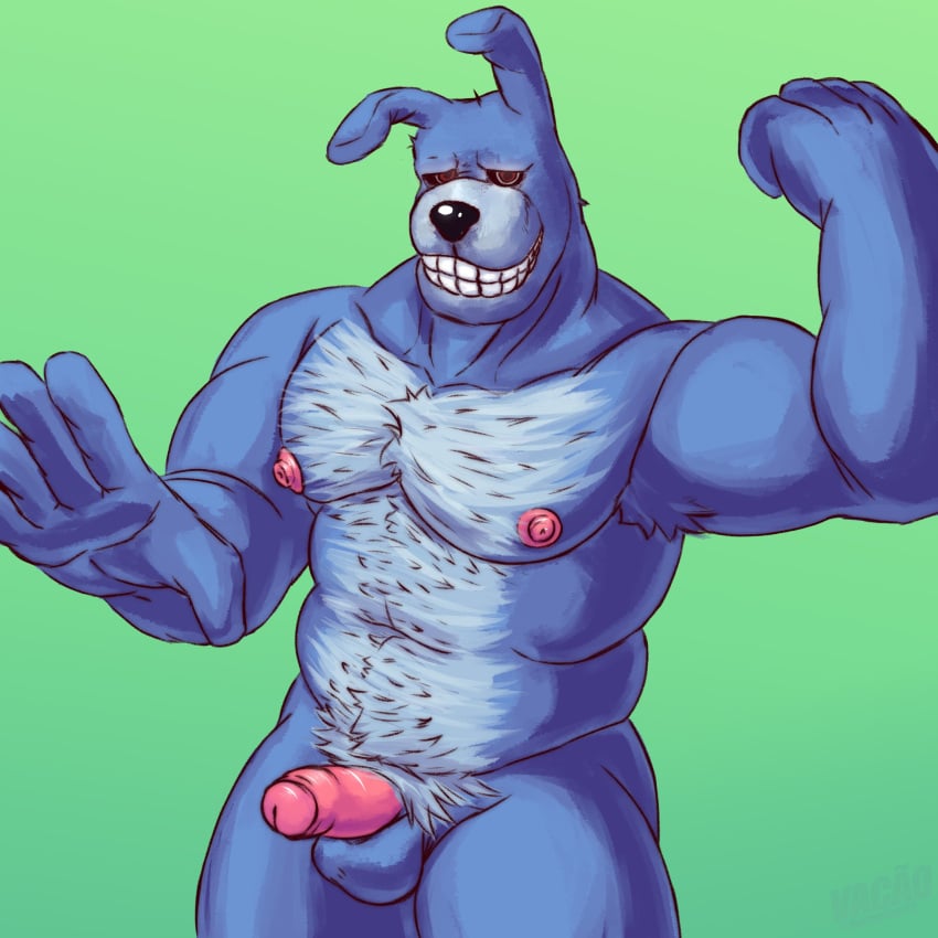 absurd_res anthro armpit_hair balls biceps blue_body blue_fur body_hair bonnie_(fnaf) chest_hair erection five_nights_at_freddy's foreskin fur genitals grey_body grey_fur grey_hair hair hi_res human lagomorph leporid male male_only mammal muscular muscular_anthro muscular_male nipples nude pecs penis pubes rabbit red_eyes scottgames simple_background smile solo vacaocomtil verydarkholes