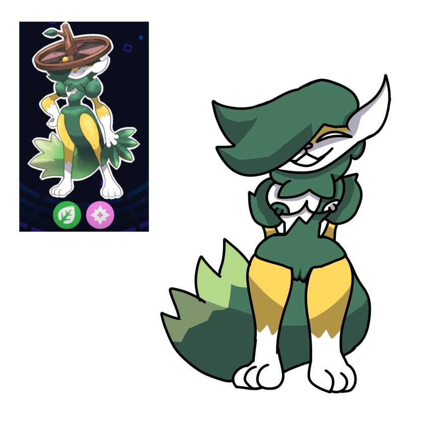 anthro blank_eyes charmine fakemon female female_only furry green_body green_hair nintendo nipples pokémon_(species) pokemon pussy reference_image smirk