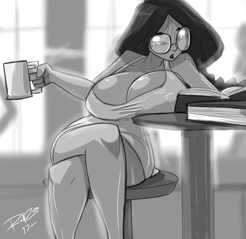 big_breasts black_and_white busty cleavage curvaceous curvy glasses huge_breasts mug oona_willowhoops_(slb) reading reading_book ronzo shonuff shonuff44 slb wide_hips