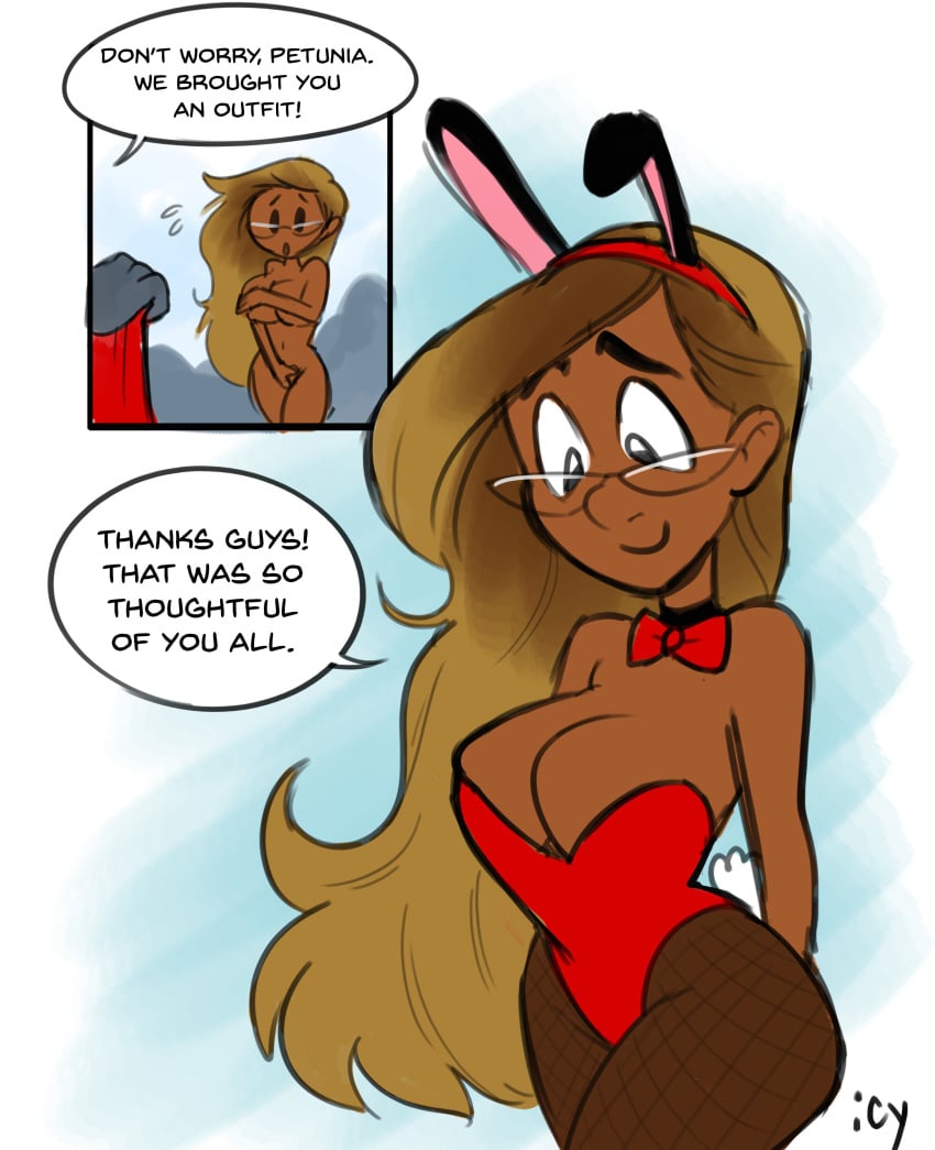 april_fools big_breasts bowtie breasts brown_hair bunny_ears bunny_tail bunnysuit comic dark-skinned_female dark_skin exhibitionism glasses happy iseenudepeople long_hair petunia_(iseenudepeople) public public_nudity speech_bubble tagme text