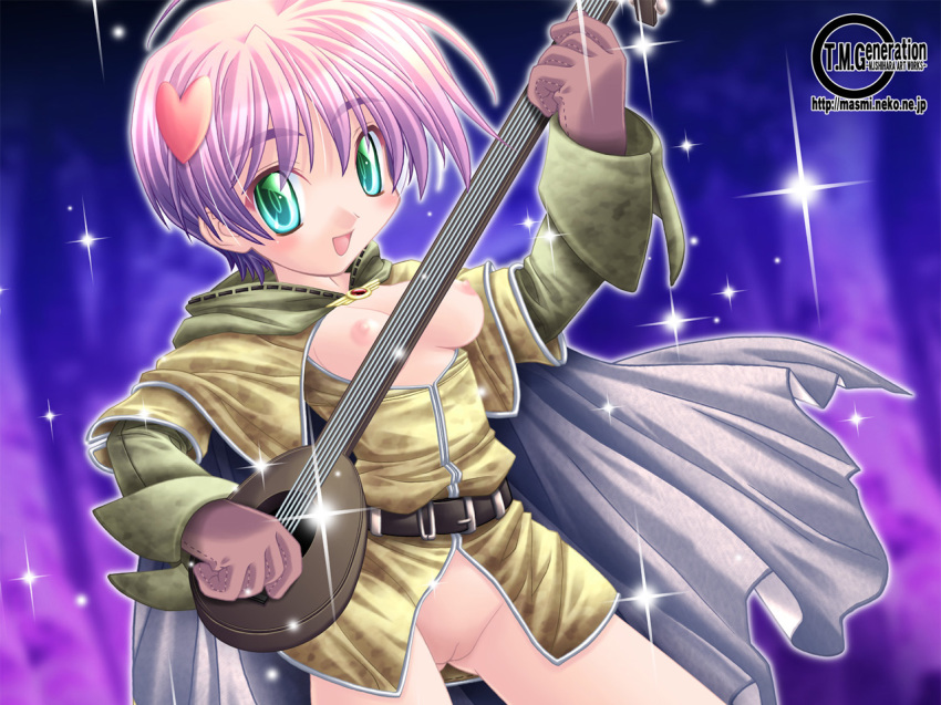 bard bard_(ragnarok_online) breasts crossdressing green_eyes guitar hair_ornament hairpin instrument ishihara_masumi laughing pink_hair pussy ragnarok_online short_hair uncensored