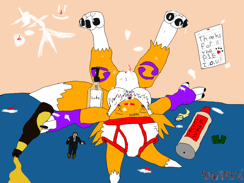 action_figure beer bottle breasts canine cherry chest_tuft condom cream digimon drunk fedupfox fox hindpaw lube nipples note passed_out paws pie pussy renamon spill underwear upside-down