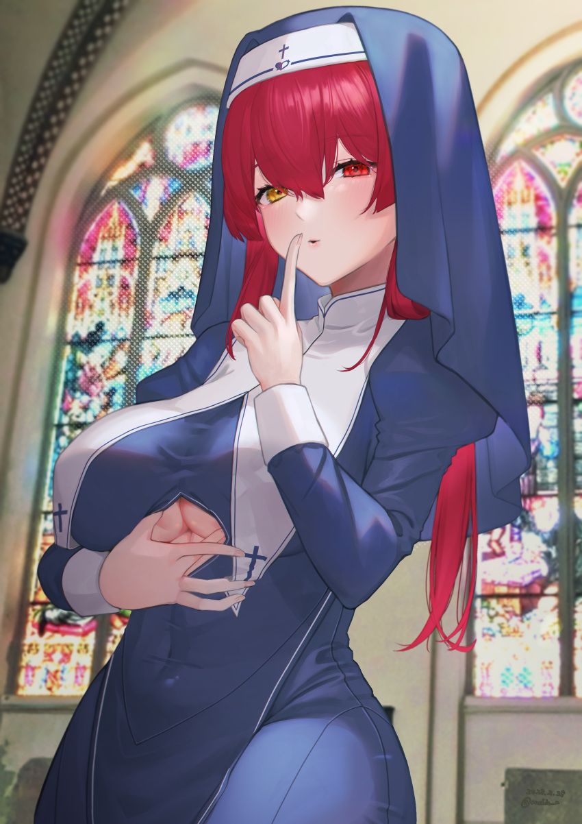 absurdres bangs blush breasts clothing_cutout covered_navel female habit heterochromia highres hololive hololive_fantasy hololive_japan houshou_marine large_breasts long_hair looking_at_viewer nun open_mouth red_eyes red_hair rushia_n rushian shushing solo stained_glass underboob underboob_cutout veil virtual_youtuber yellow_eyes