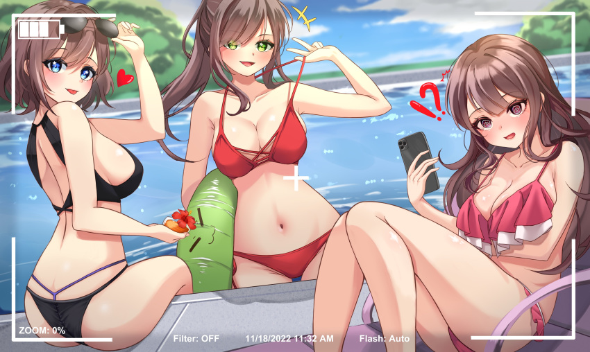 !? 3girls back back_view bare_back bare_midriff bare_shoulders belly_button big_breasts bikini black_bikini blue_eyes blush brown_hair bunkinspice camera_view cleavage electronics exposed_back exposed_shoulders female frilled_bikini front_view glasses glasses_on_head green_eyes heart hi_res highres holding_object human indie_virtual_youtuber looking_at_viewer midriff miori_celesta navel pale_skin phone ponytail pool pool_chair poolside red_bikini red_eyes short_hair sitting surprised swim_ring swimsuit swimwear swirly_eyes taking_off_glasses tongue tongue_out trio trio_female trio_focus tsunderia virtual_youtuber water