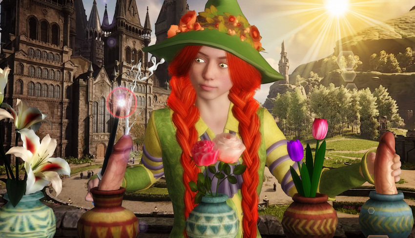 1girls 3d cfnm green_eyes harry_potter hogwarts_legacy mirabel_garlick mushroom_penis ratounador redhead