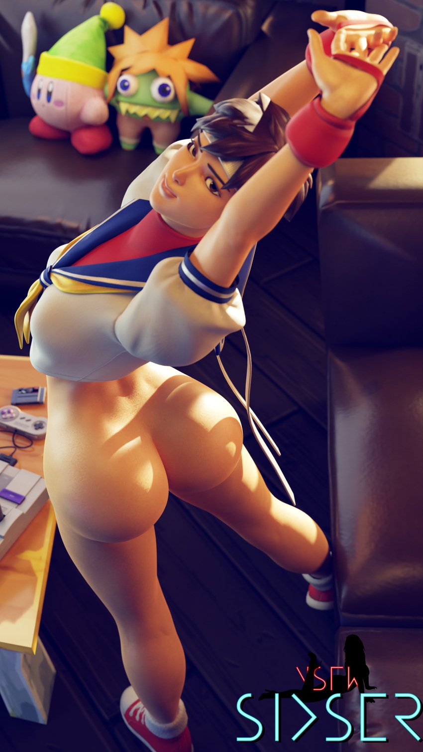 3d 3d_(artwork) anklehighs asian asian_female bottomless bubble_ass bubble_butt casual electronics female female_only footwear fortnite fortnite:_battle_royale game_console game_controller human looking_back looking_back_at_viewer paag pale_skin plushie sakura_kasugano school_uniform schoolgirl sixser sneakers snes snes_controller socks street_fighter street_fighter_6 stretching super_nintendo_entertainment_system tagme television turn_cuff_socks white_socks