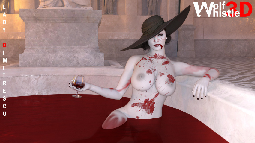 3d 3d_(artwork) alcina_dimitrescu bath black_hair blood blood_bath blood_splatter blood_stain drinking_blood hat nail_polish pale-skinned_female pale_skin resident_evil resident_evil_8:_village solo vampire wine_glass wolfwhistle3d