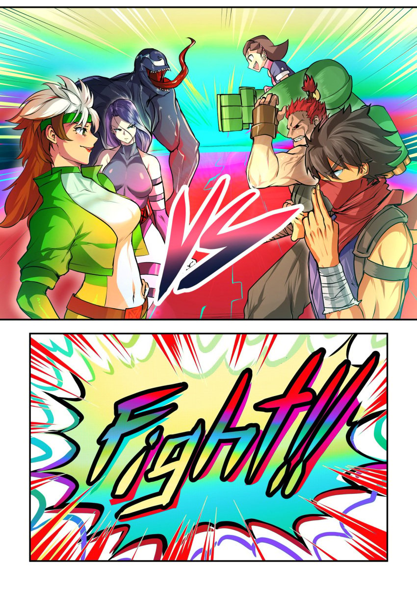 2023 2_panel_comic akuma capcom color colorful combat comic commission crossover eastern_and_western_character fighter fighting_stance highres lungnut marvel marvel_comics marvel_vs._capcom mega_man mega_man_legends page_1 psylocke rogue_(x-men) staredown street_fighter strider_(video_game) strider_hiryu tron_bonne twitter venom_(marvel) x-men