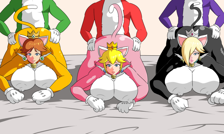 3boys 3girls alternate_breast_size ass ass bed_sheet bell big_ass big_breasts big_butt big_thighs blonde_hair blue_eyes breasts brown_hair cat_costume cat_daisy cat_ears cat_paws cat_peach cat_print cat_rosalina cat_suit cat_tail cleavage collar crown doggy_style earrings hair_over_one_eye huge_ass huge_butt huge_thighs large_ass large_breasts large_butt large_thighs lips lipstick looking_at_viewer mario_(series) multiple_girls nintendo platinum_blonde_hair princess princess_daisy princess_peach princess_rosalina super_mario_3d_world super_mario_bros. tail thick thick_ass thick_thighs thighs tonsuke wide_hips