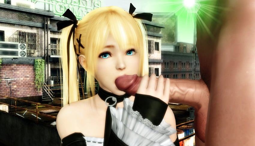 1boy 1girls 3d armwear blonde_female blonde_hair blowjob blue_eyes choker clothed clothed_female_nude_male clothing collar dead_or_alive dead_or_alive_5 detached_sleeves fellatio female fingerless_gloves gloves hair_ribbon handjob long_hair looking_at_viewer male marie_rose oral penis petite ratounador twintails xnalara