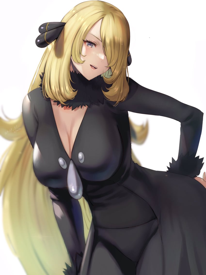 1girls artist_name big_breasts blonde blonde_female blonde_hair breasts busty cleavage cynthia_(pokemon) female female_only female_solo fur_collar grey_eyes hair_over_one_eye highres large_breasts leaning_forward long_hair mature_female nintendo oyasu_(kinakoyamamori) pants pokemon pokemon_(game) pokemon_dppt pose posing smile solo solo_female voluptuous