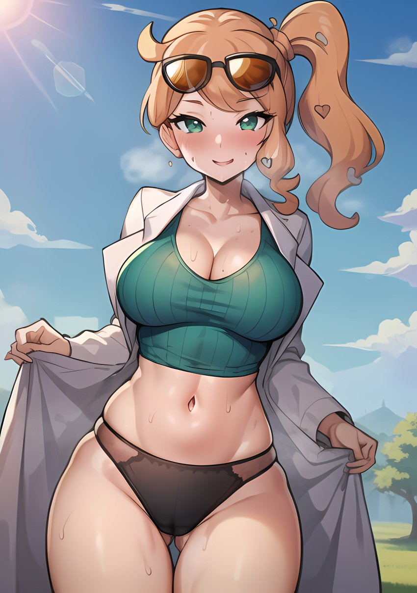 ai_generated blush bottomless cleavage crop_top eyebrows_visible_through_hair female female_focus female_only heart high_resolution highres labcoat large_breasts leaning_forward looking_at_viewer orange_hair painted_nails panties pokemon pokemon_girls pokemon_professor pokemon_ss raight21 smile smiling_at_viewer sonia_(pokemon) stable_diffusion steam stripping sweat taking_clothes_off