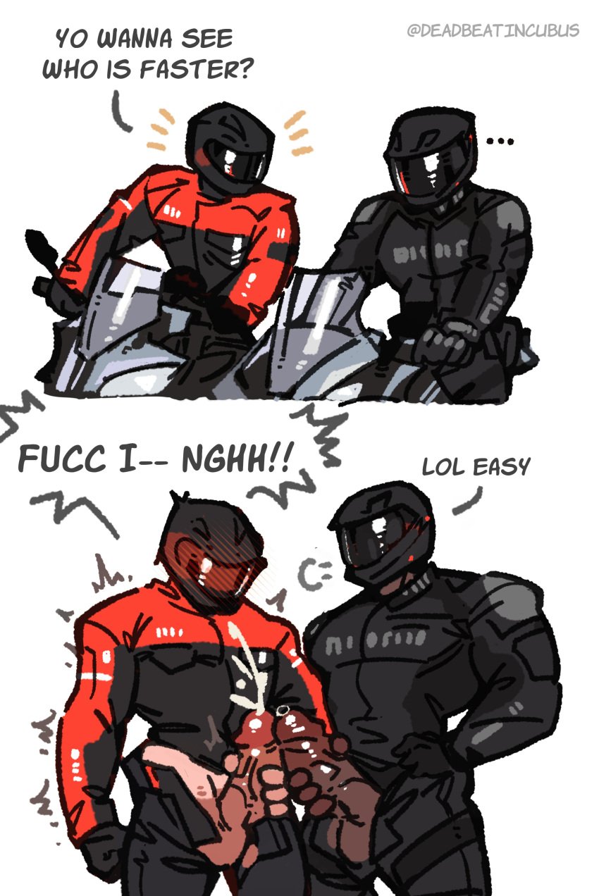 2boys balls biceps big_penis blush blush_lines blushing bodysuit color cum cumming cumshot dark-skinned_male dark_skin deadbeatincubus duo duo_focus erect_penis erection faceless_character faceless_male gay gloves hard_on helmet helmet_covering_face hi_res jacking_off male male/male male_focus male_only masturbating masturbation motorcycle motorcycle_helmet motorcycle_suit muscle muscles muscular muscular_male open_pants original pecs penis penis_out