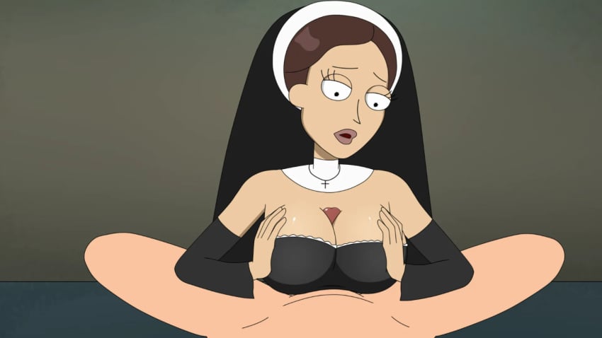 1boy 1girls boobjob female ferdafs halloween_costume large_breasts male nun rick_and_morty rick_and_morty:_a_way_back_home touching_penis tricia_lange unseen_male_face