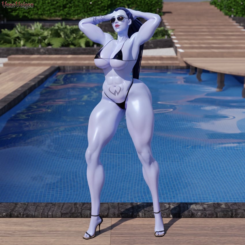 1girls 3d abs amelie_lacroix ass big_ass big_breasts bikini blizzard_entertainment female female_only fit fit_female high_heels looking_at_viewer muscular muscular_female overwatch overwatch_2 purple_skin skimpy_bikini skimpy_swimsuit skimpy_swimwear solo sunglasses swimsuit tattoo thick_thighs thong vonsvaigen wet_body wet_skin wide_hips widowmaker yellow_eyes