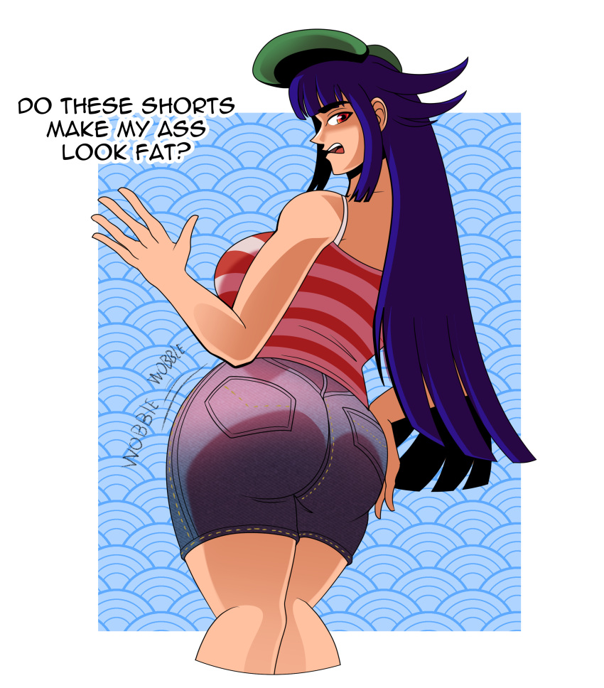 ass big_ass bubble_ass bubble_butt cap cate_(dual_dragons) dialogue dual_dragon fat_ass female from_behind fully_clothed insecure looking_back oblivious outfit_swap purple_hair red_eyes shorts sideboob simple_background tank_top thick_ass thick_thighs