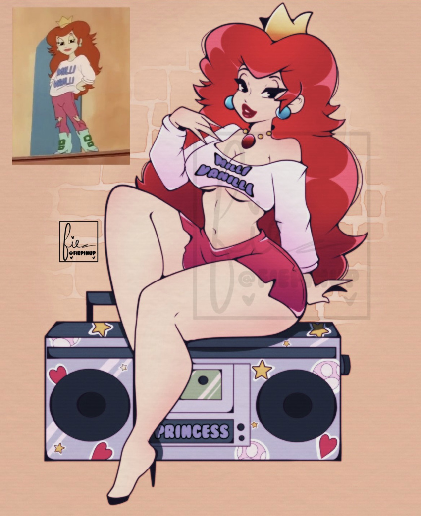 belly_button boombox breasts cleavage cresscin crown dic_entertainment earrings high_heels lipstick mario_(series) medium_breasts midriff midriff_baring_shirt necklace nintendo princess_peach princess_toadstool princess_toadstool_(dic_cartoons) princess_toadstool_(milli_vanilli_outfit) red_hair screenshot_insert shirt short_shorts shorts stomach the_adventures_of_super_mario_bros._3 thick_thighs underboob