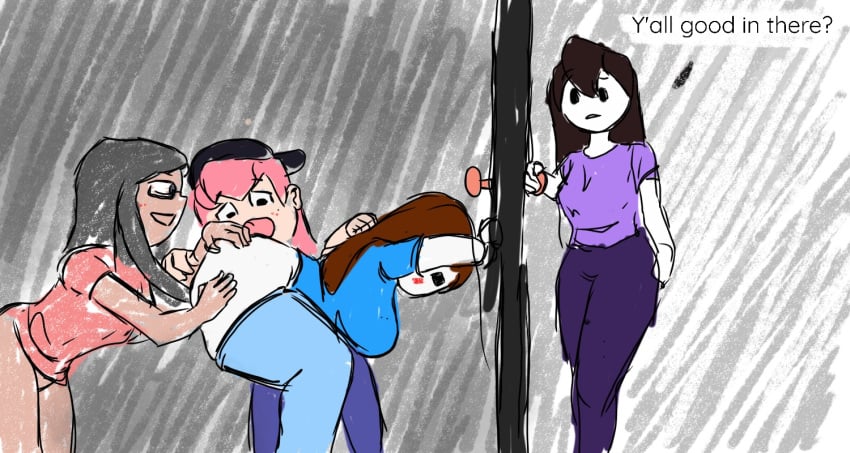 4girls aboundlesspotat ass behind_door black_hair blush bottomless brown_hair clothed cypherden door dubious_consent female female_only hat holding_doorknob jaiden jaiden_animations let_me_explain_studios multiple_girls pants_down pink_hair rebecca_parham stealth_sex tagme tentacle_hair thick_ass vibi_the_alien youtube youtuber yuri