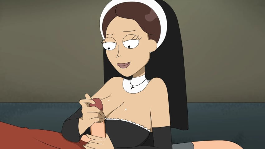 ferdafs handjob large_breasts nun rick_and_morty rick_and_morty:_a_way_back_home smiling touching_penis tricia_lange unseen_male_face