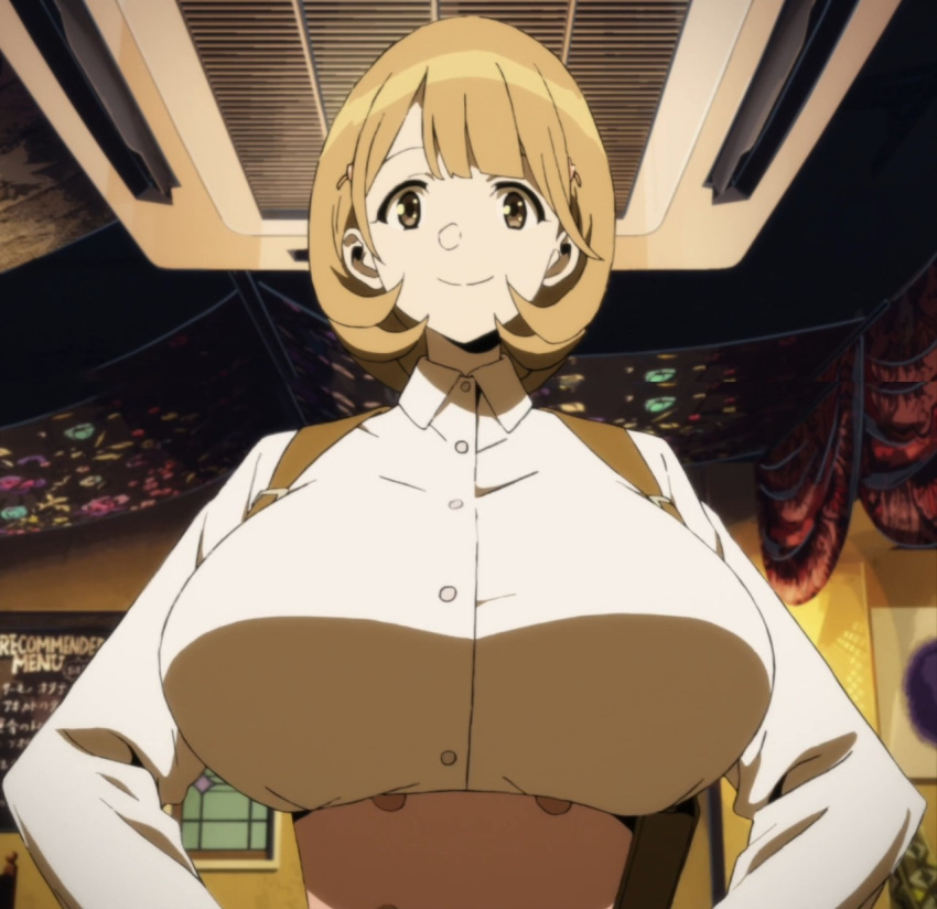 big_breasts blonde_hair breasts energy_gun female gloves huge_breasts long_sleeves looking_at_viewer looking_down massive_breasts narusawa_ryouka occultic;nine pov pov_eye_contact screencap shirt short_hair skirt smaller_male smile stitched taller_female taller_girl white_shirt yellow_eyes