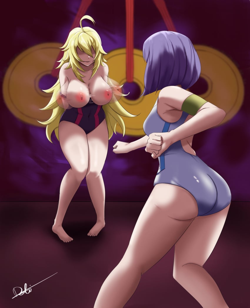 ahoge ai_shimada big_butt blonde_hair breasts breasts_out butt catfight deliciousbra fight hypnosis hypnotic_breasts keijo!!!!!!!! large_breasts long_hair mind_control mio_kusakai one-piece_swimsuit purple_hair short_hair swimsuit