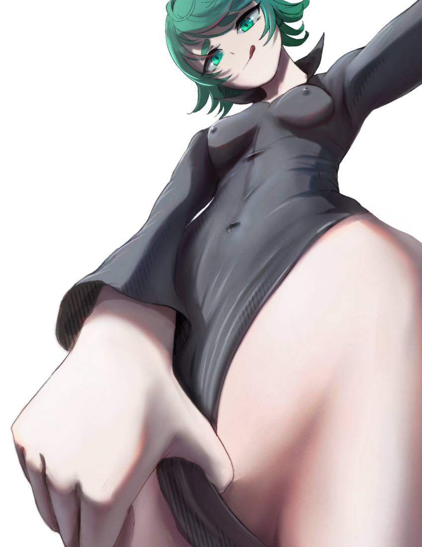 1girls female female_only green_eyes green_hair hehevich looking_at_viewer looking_down nipple_bulge nipples_visible_through_clothing one-punch_man slim_waist small_breasts solo tatsumaki teasing white_background