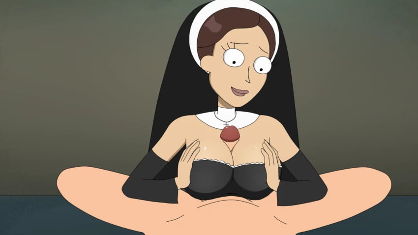 1boy 1girls boobjob female ferdafs large_breasts male nun rick_and_morty rick_and_morty:_a_way_back_home smiling touching_penis tricia_lange unseen_male_face