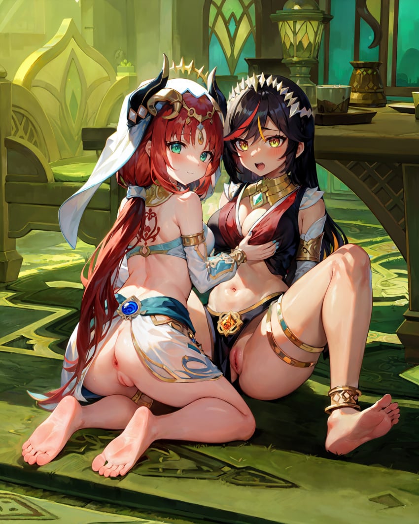 2girls :d ai_generated alternate_costume anklet anus aqua_eyes armlet ass back back_tattoo backless_outfit bangs bare_back bare_legs bare_shoulders barefoot black_hair black_panties blue_nails blush bottomless bracer breast_grab breasts circlet cleavage cleft_of_venus closed_mouth crop_top dancer dark-skinned_female dark_skin detached_sleeves fake_horns feet forehead_jewel from_behind full_body gem genshin_impact gold_choker gold_trim grabbing green_eyes hair_between_eyes hair_ornament halterneck harem_outfit horns indoors jewelry kneeling legs long_hair looking_at_viewer looking_back low_twintails median_furrow medium_breasts midriff multicolored_hair multiple_girls nail_polish navel neck_ring nilou_(genshin_impact) no_panties no_shoes open_mouth panties parted_bangs pelvic_curtain puffy_sleeves pussy red_hair revealing_clothes sitting smile soles spread_legs stable_diffusion stomach take_your_pick tattoo teeth thighlet thighs toenail_polish toenails toes twintails uncensored upper_teeth_only veil very_long_hair vision_(genshin_impact) white_headwear xinyan_(genshin_impact) xinyandegen yellow_eyes yuri