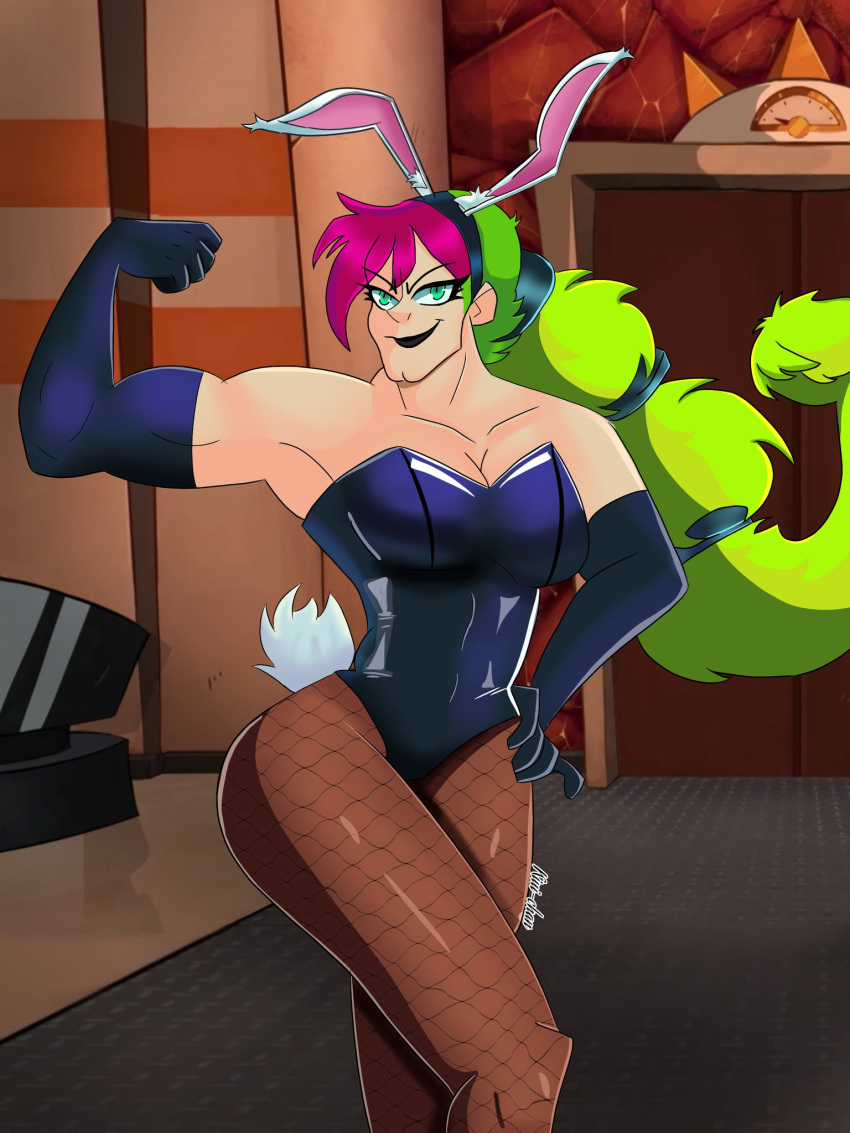 1girls armpits big_breasts breasts bunny_ears bunnysuit cartoon_network chan_kiui cleavage dolencia_(villainous) female_only fishnet_stockings fishnets flexing green_eyes green_hair kiui-chan latex_gloves long_hair looking_at_viewer multicolored_hair muscles muscular muscular_female red_hair smile smiling solo thick_thighs villainous