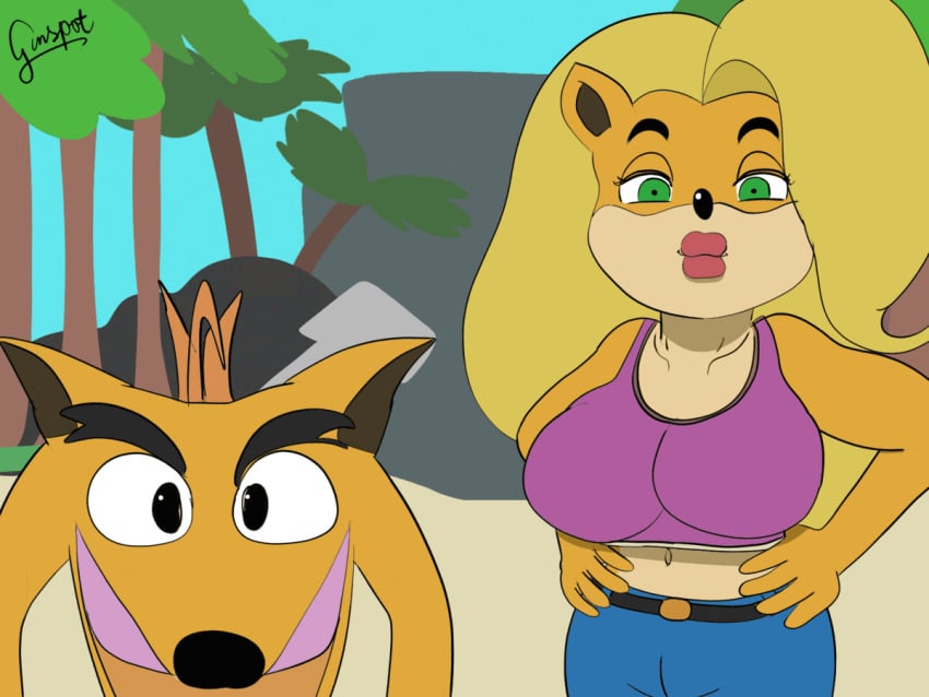 1boy 1girls accidental_exposure animated anthro bandicoot beach blonde_hair breasts clothing colored couple crash_(series) crash_bandicoot female funny furry furry_female furry_male ginspot grin humor looking_at_viewer nipples scenery surprised tawna_bandicoot tits topless undressing video_games