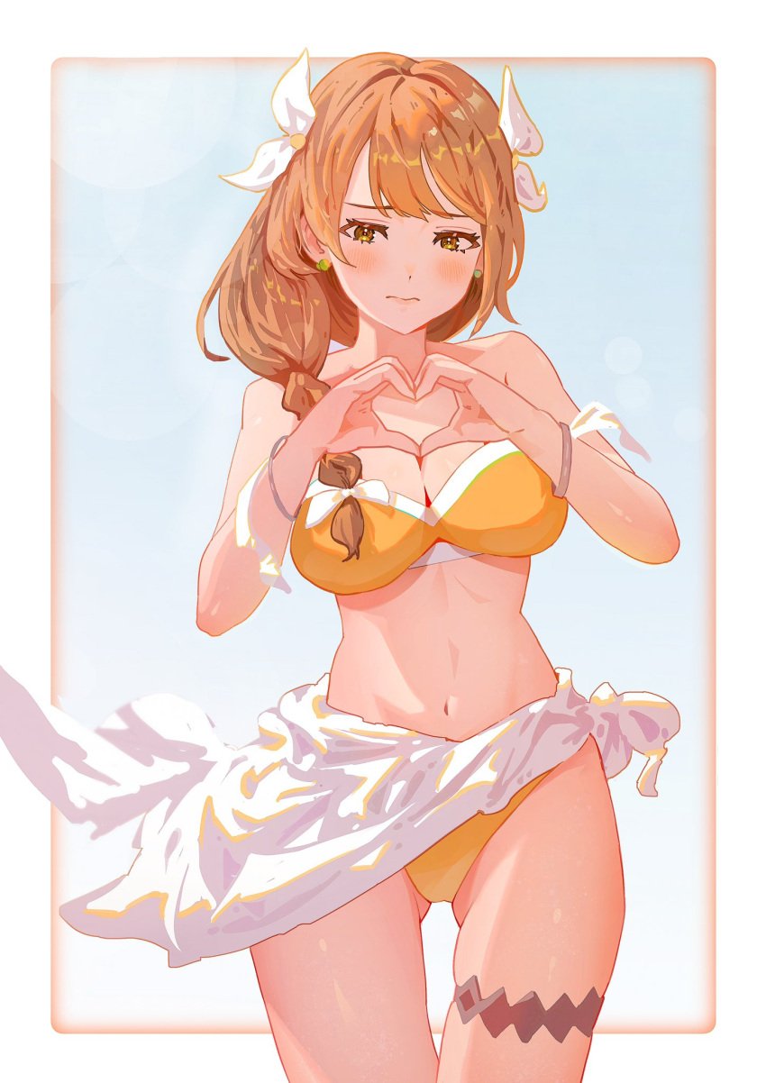 1girls alternate_costume ass_visible_through_thighs bikini blush braid breasts brown_hair cleavage earrings embarrassed female female female_only fire_emblem fire_emblem_engage gbbgb321 goldmary_(fire_emblem) hair_ribbon heart heart_hands highres jewelry large_breasts long_hair looking_at_viewer nintendo ribbon sarong skirt solo swimsuit thighs white_ribbon yellow_bikini yellow_swimsuit