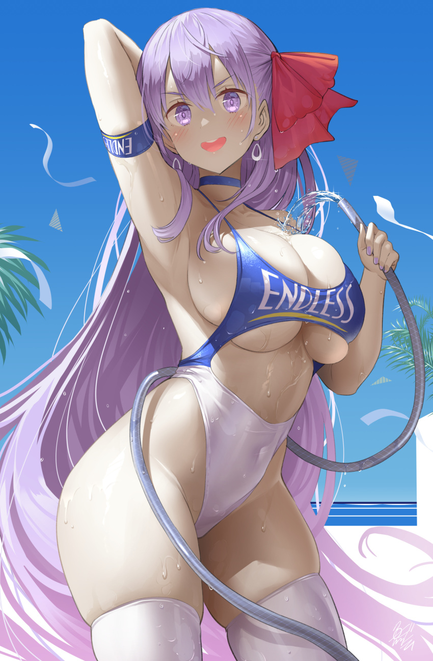 1girls bb_(fate) blush breasts competition_swimsuit fate/grand_order fate_(series) female hips huge_breasts light-skinned_female light_skin long_hair massive_breasts naughty_face one-piece_swimsuit purple_eyes purple_hair smile swimsuit text_on_clothing thick_thighs thighs uo_denim water_hose wet wet_body wide_hips