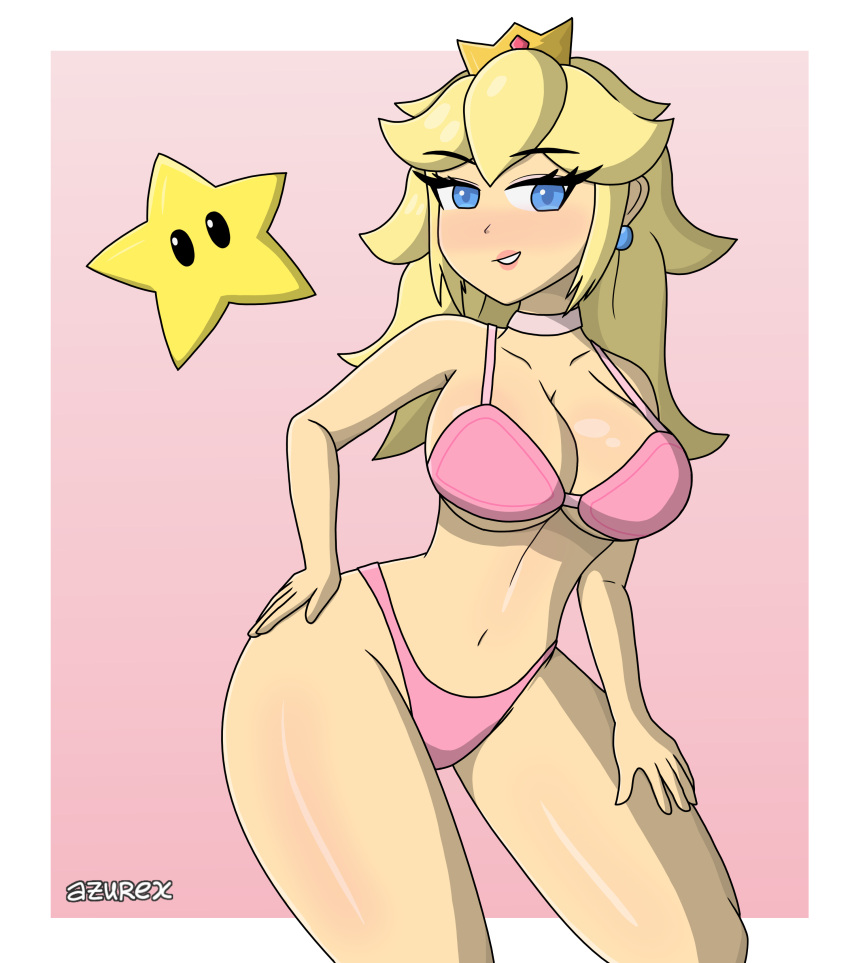 azurexarts bedroom_eyes bikini bra choker eyeliner female female_only lingerie mario_(series) nintendo panties princess_peach star super_mario_bros. thick_thighs