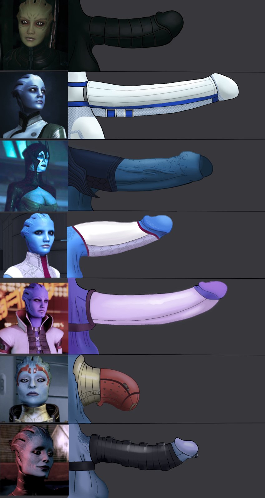 6+futas alien alien_girl aria_t'loak asari balls big_penis blue_skin casual chastity_cage clothing cock_chart dark_skin erection futa_only futanari genitalwear humanoid humanoid_penis liara_t'soni mass_effect matriarch_aethyta matriarch_benezia morinth penis penis_size_chart penis_size_comparison penis_size_difference samara sheelac shiala size_comparison