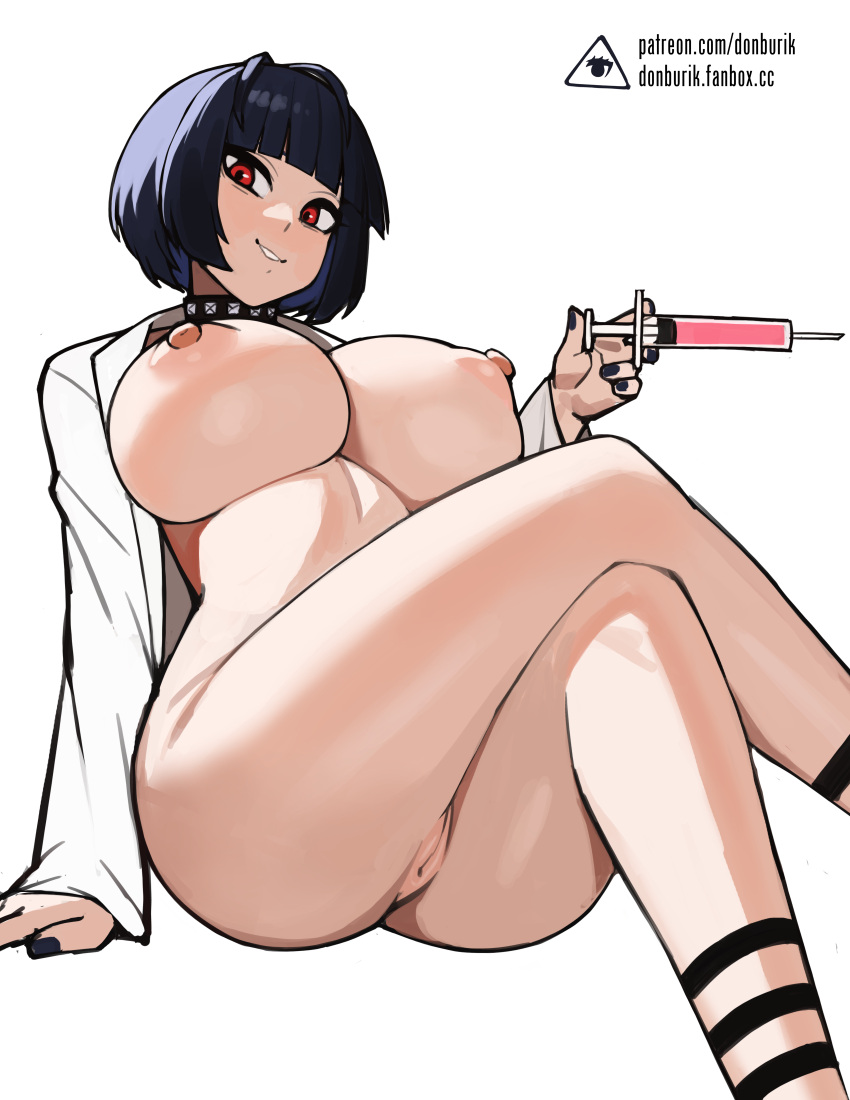 areola_slip bangs big_breasts black_choker black_nails blue_hair blunt_bangs breasts choker collar color crossed_legs digital_media_(artwork) doctor donburikazoku dress female highres holding holding_syringe labcoat large_breasts looking_at_viewer nail_polish naked_labcoat nipple_slip nipples no_bra pasties persona persona_5 pixel-perfect_duplicate pussy red_eyes short_hair sitting smile solo spiked_choker spikes studded_choker studded_collar syringe tae_takemi thighs uncensored