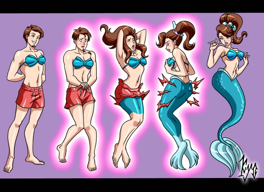 aquata ariel's_sisters ass_expansion blue_tail body_modification bra breast_expansion breasts brown_hair disney female gender_transformation hair_growth kyo-domesticfucker large_breasts mermaid mermaid_transformation mtf_transformation navel personality_change ponytail species_transformation the_little_mermaid transformation transformation_sequence