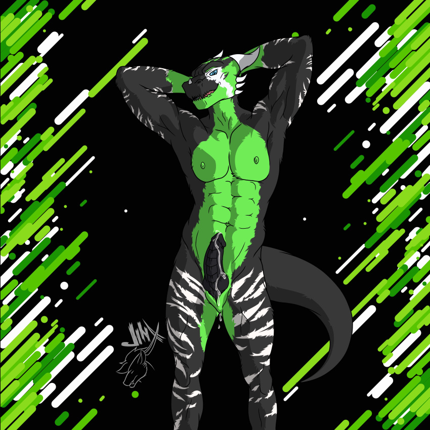 1:1 abs absurd_res animal_genitalia anthro biceps big_muscles black_body black_fur bodily_fluids cum dracoil dragon erection flexing fur genital_fluids genital_slit genitals green_body green_fur hi_res horn jinxed_arts knot looking_at_viewer male muscular muscular_anthro muscular_male nipples nude pecs penis simple_background slit smile solo standing stripes tail white_body white_fur