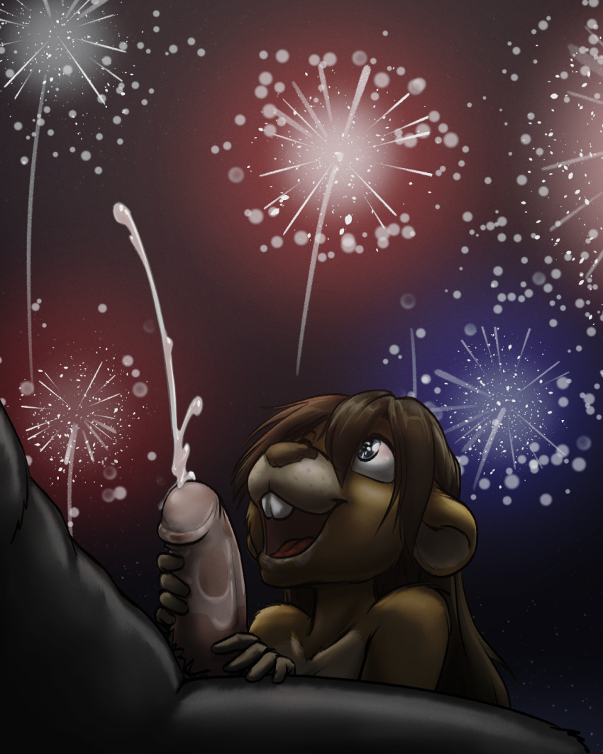 2021 4:5 anthro beaver black-kitten black_body black_fur blue_eyes bodily_fluids brown_body brown_fur brown_hair brown_nose buckteeth cum cumshot duo ejaculation female fireworks fur genital_fluids genitals hair hand_on_penis hi_res humanoid_genitalia humanoid_penis long_hair looking_up maggie_lee male male/female mammal night nude open_mouth outside penis rodent shadow signature teeth tongue